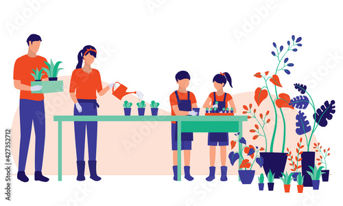 Family Gardening Together. Family Bonding And Healthy Lifestyle Concept. Vector Illustration Flat Cartoon. Dad Help Carrying Plants. Mom Watering Plants. Kid Transfer Plant To A Bigger Pot.