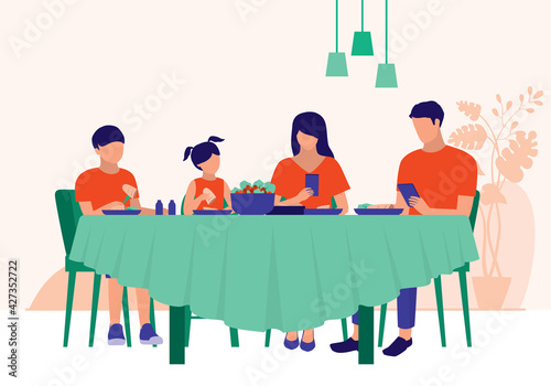 Parents Using Phones While Having Meal With Children. Poor Family Communication And Technology Addiction Concept. Vector Illustration Flat Cartoon. Father And Mother Ignoring Their Children.
