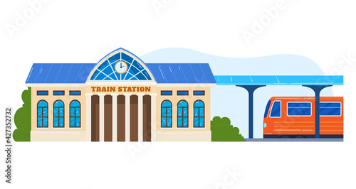 Railroad station, transport train, travel passenger, platform urban transportation, design, cartoon style vector illustration.
