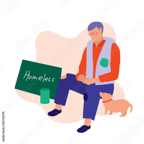 Homeless Man Begging For Money. Social Issues Concept. Vector Illustration Flat Cartoon. Poor Old Man With His Dog Sleeping On Street.