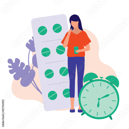 Young Woman Reminded To Take Medicine. Medication And Reminder Concept. Vector Flat Cartoon Illustration. Woman Holding A Glass Of Water And Pills.
