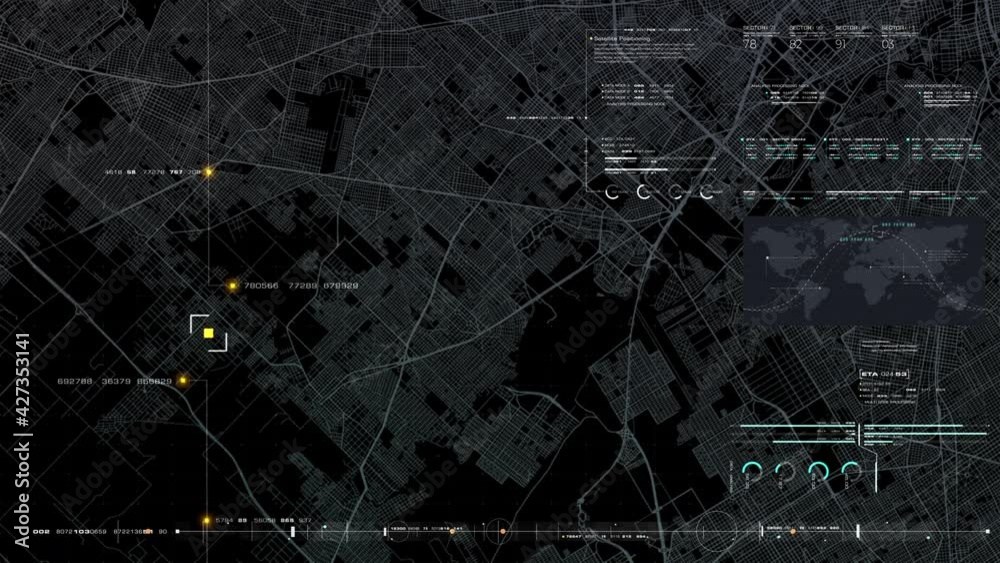 Futuristic digital city map layout with satellite GPS coordinate searching and target tracking, interface head up display screen with data telemetry information for background display