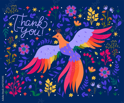 Postcard with fantastic bird and flowers and with the thank you. Vector graphics.
