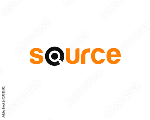 wordmark of  source logo with magnifying glass as letter o