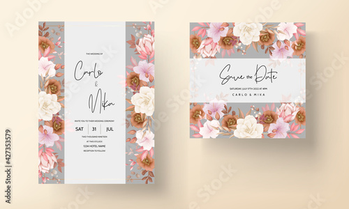 Boho wedding invitation card brown floral