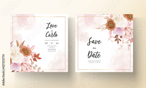 Boho wedding invitation card brown floral
