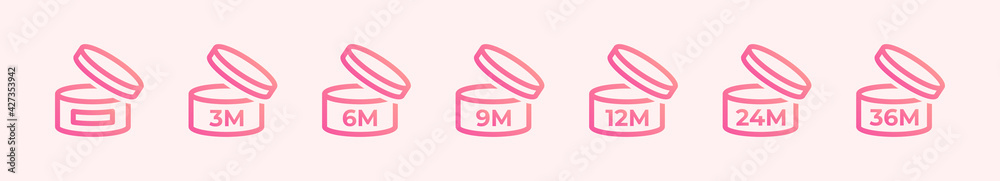 PAO icons. Cosmetic open month life shelf. Period after opening. Expiration period months. Symbols set. Vector illustration PAO icons. Cosmetic open month life shelf. Period after opening. Expiration period months. Symbols set. Vector illustration