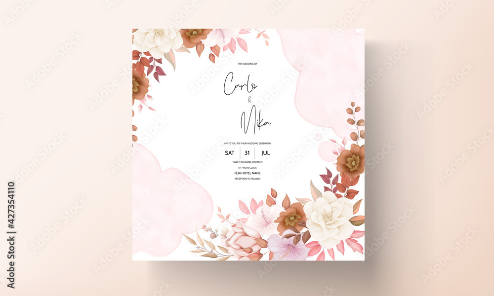 Boho wedding invitation card brown floral