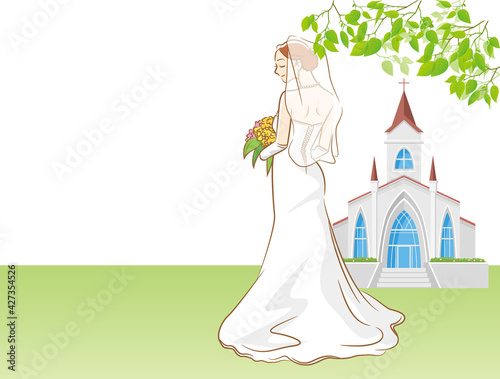 ウェディングドレスを着た新婦とチャペルのイメージイラスト