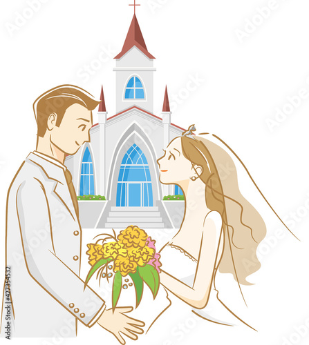 チャペルと新郎新婦のイメージイラスト