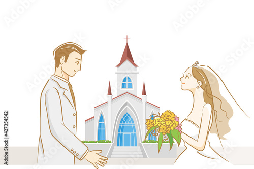 チャペルと新郎新婦のイメージイラスト