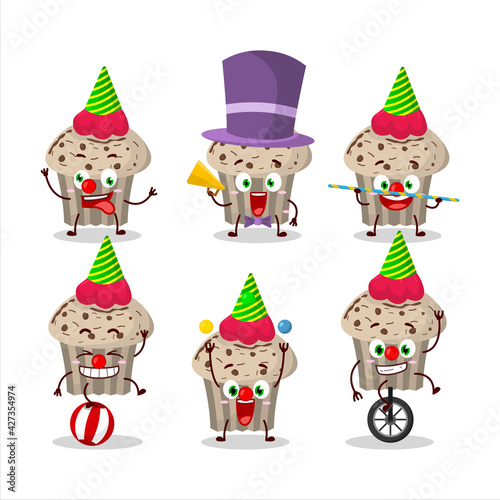 Cartoon character of birthday strawberry muffin with various circus shows