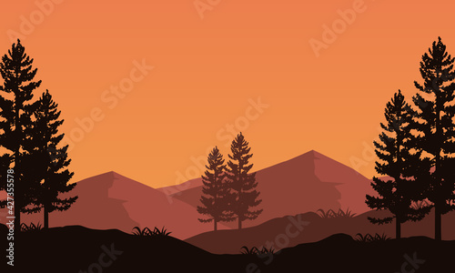 Great view of the mountains at dusk with the silhouette of the surrounding pine trees. Vector illustration