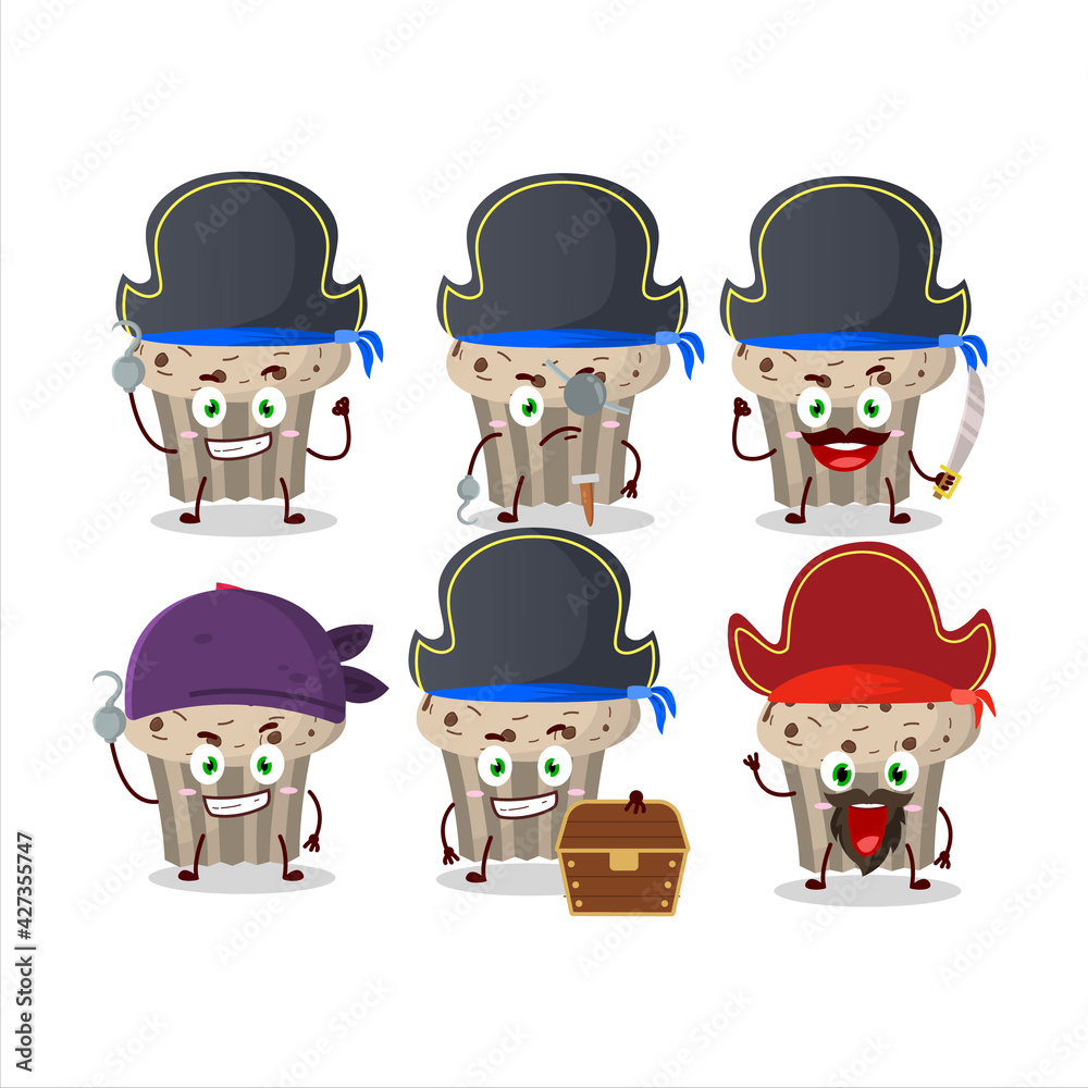 Cartoon character of birthday strawberry muffin with various pirates emoticons