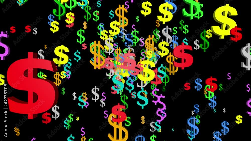 Colorful dollar signs imploding on screen. 3d animation render isolated on black background. Zoom out. Colorful dollar signs imploding on screen. 3d animation render isolated on black background. Zoom out.
