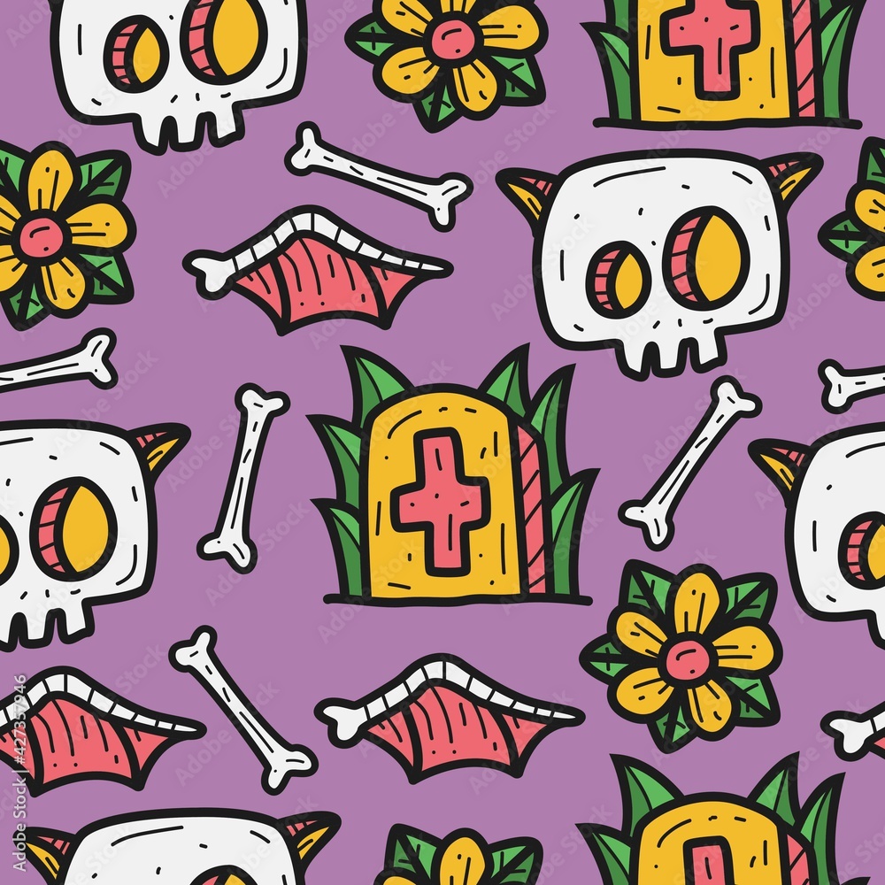 hand drawn halloween skull doodle pattern design hand drawn halloween skull doodle pattern design
