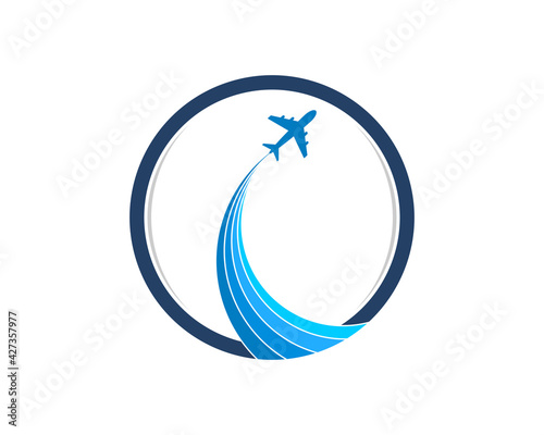 Flying airplane in the blue circle logo