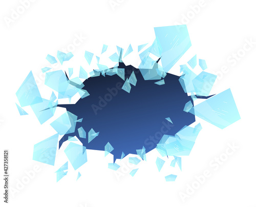 Hole breaking, ice crack, surface background, isolated on white, destruction damage, design, flat style vector illustration.