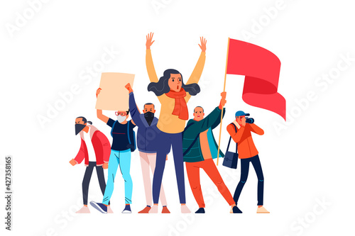 Female leader shouts and raises her hands, supporting the protests against a backdrop of disaffected protesters, activists with placards and flag. Flat design colorful illustration isolated on white