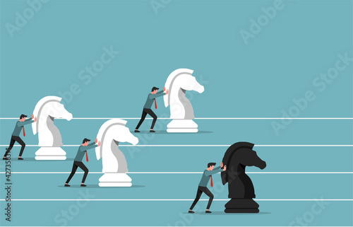 Businessmen pushing knight chess pieces to be a winner vector illustration. Competition strategy in business concept.