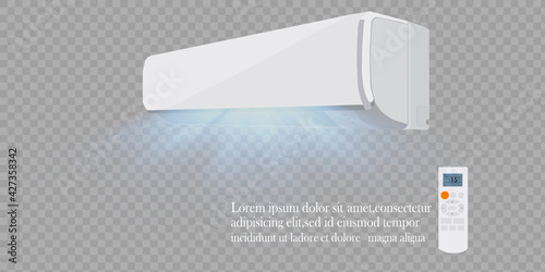 Air conditioner vector background ad.Split system air conditioner. Cool and cold climate control system. Realistic conditioning with remote controller.