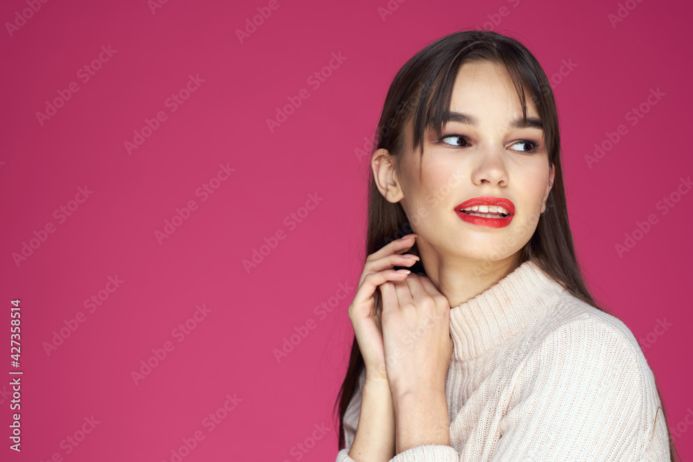 Woman with long hair and red lips white blouse pink background attractive look Woman with long hair and red lips white blouse pink background attractive look