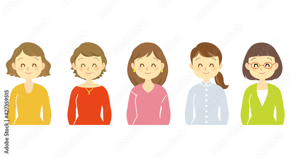 イラスト素材 女性上半身セット 目を細める笑顔の表情 女性たちの複数横並び 服装髪型違い Anime Plakaty Ecowall24 Pl