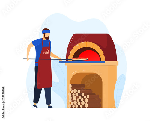 Man preparing pizza oven, chef making, kitchen restaurant, cooking italian food, design, flat style vector illustration.