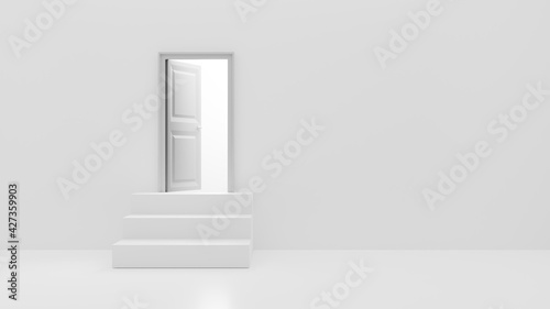 Door on stairs in a bright white room opens and fills the space with bright white. 3D render opening door.