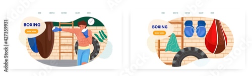 Boxing landing page design, website banner vector template set. Man boxer punching heavy bag. Boxing sport gym workout.