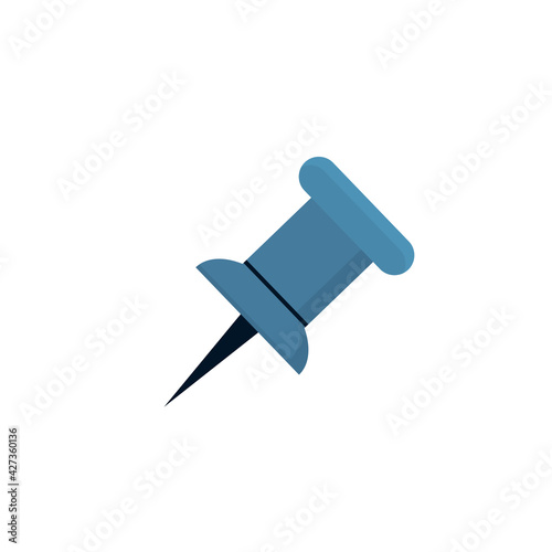 Blue push pin. Needle for fixation memo on board. Vector illustration isolated on white background. 