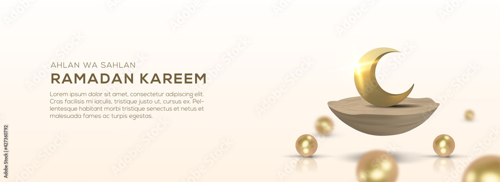 Realistic Ramadan Kareem horizontal banner template design. 3d golden crescent moon standing on floating desert . web poster, flyer, stylish brochure, greeting card, cover. Vector illustration. Realistic Ramadan Kareem horizontal banner template design. 3d golden crescent moon standing on floating desert . web poster, flyer, stylish brochure, greeting card, cover. Vector illustration.