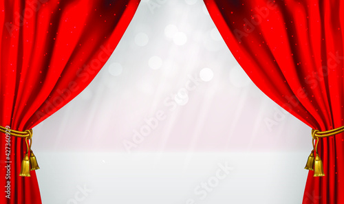 Open red curtains with glitter opera or theater background. Empty scene with a luxury red curtain. Place for your text. Grand opening, Concert, show, performance. Vector illustration EPS10