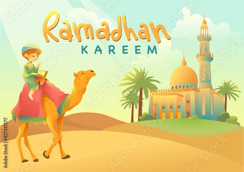 Vector Illustration Ramadan Edition. A Child Reads a Book on a Camel to a Beautiful Mosque in The Middle of the Desert. Cartoon Style. Best For Invitation Card, Poster, Book Cover,Background, Banner