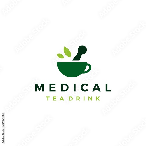 medical tea leaf mortar pestle cup drink herb herbal logo vector icon illustration