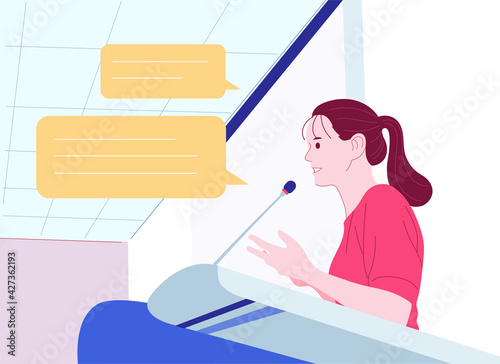 A woman speaking at the podium. hand drawn style vector design illustrations. 