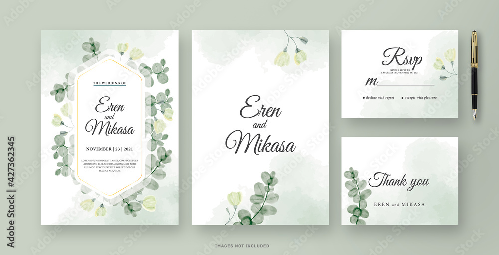 The beautiful Wedding invitation card with eucalyptus leaf watercolor
