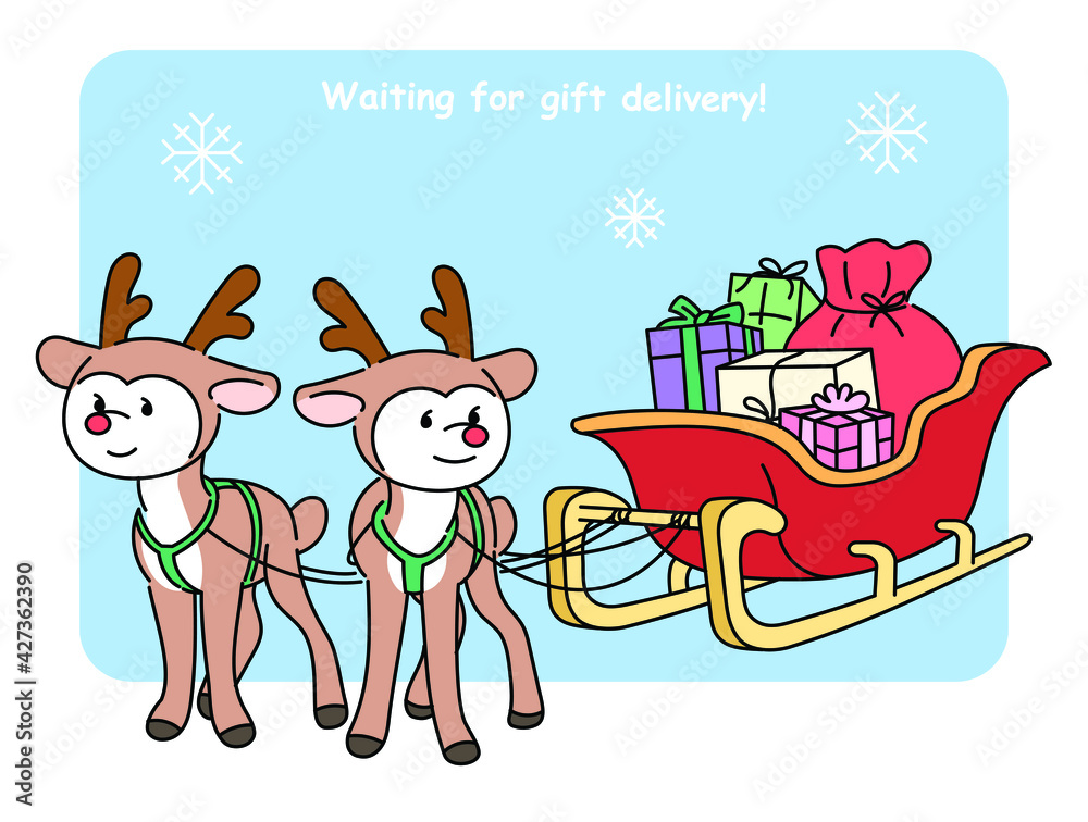 Fototapeta premium Cute reindeer character and santa's sleigh with gifts. Christmas card. hand drawn style vector design illustrations. 