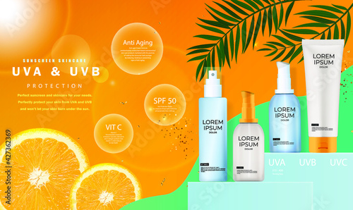 Sunscreen cream realistic 3d bottle on sunny yellow background. Cosmetic sunscreen bottles template. Premium ads. Ready for branding, packaging and advertising design. Vector illustration EPS10