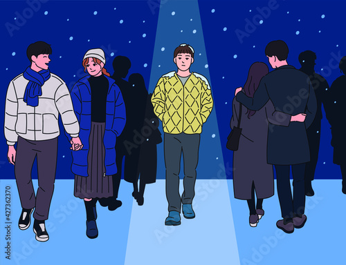 A man walking alone in a snowy night among couples. hand drawn style vector design illustrations. 