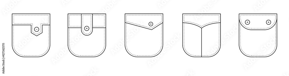 Fototapeta premium Patch pocket. Set of uniform patch pockets shapes for clothes, dress, shirt, casual denim style. Isolated icons.