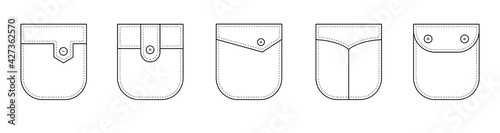 Patch pocket. Set of uniform patch pockets shapes for clothes, dress, shirt, casual denim style. Isolated icons.