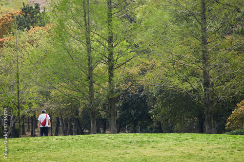 春の新緑の公園で散歩しているシニア女性の姿 © zheng qiang
