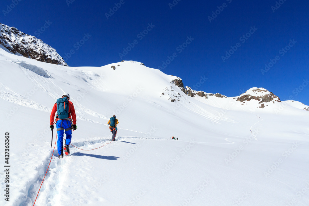 Rope team mountaineering with crampons on glacier Sexegertenferner towards Sexegertenspitze and mountain snow panorama with blue sky in Tyrol Alps, Austria