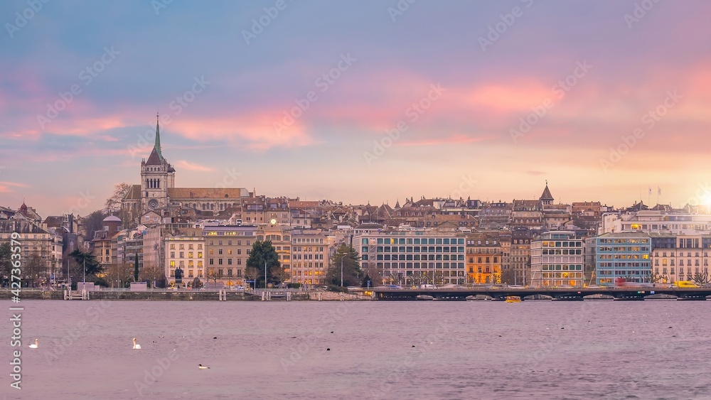 City skyline of Geneva with Lake Geneva, cityscape of  Switzerland