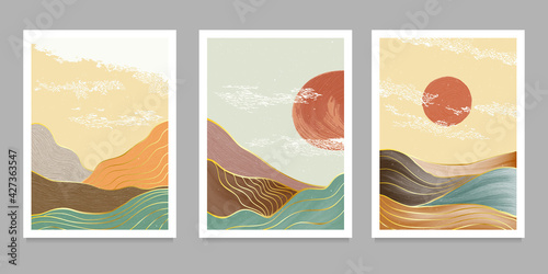 set of creative minimalist hand painted illustrations of Mid century modern. Natural abstract landscape background. mountain, forest, sea, sky, sun and river