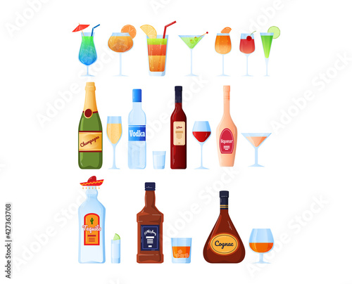 Alcohol drink bottle, cognac transparent glass with beverage, golden color, cartoon style vector illustration, isolated on white.