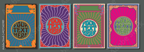 Art Nouveau Style Frames, Psychedelic Colors, Template Set for Retro Posters and Covers