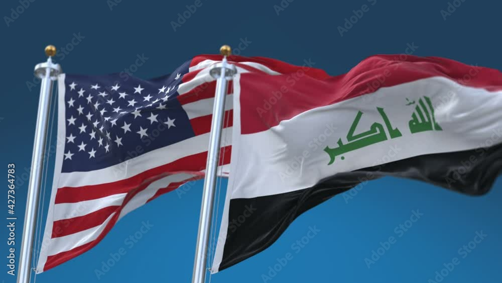 4k Seamless United States of America And Iraq Flags with blue sky background;A fully digital rendering;The flag 3D animation loops at 20 seconds;USA US IRQ IQ.