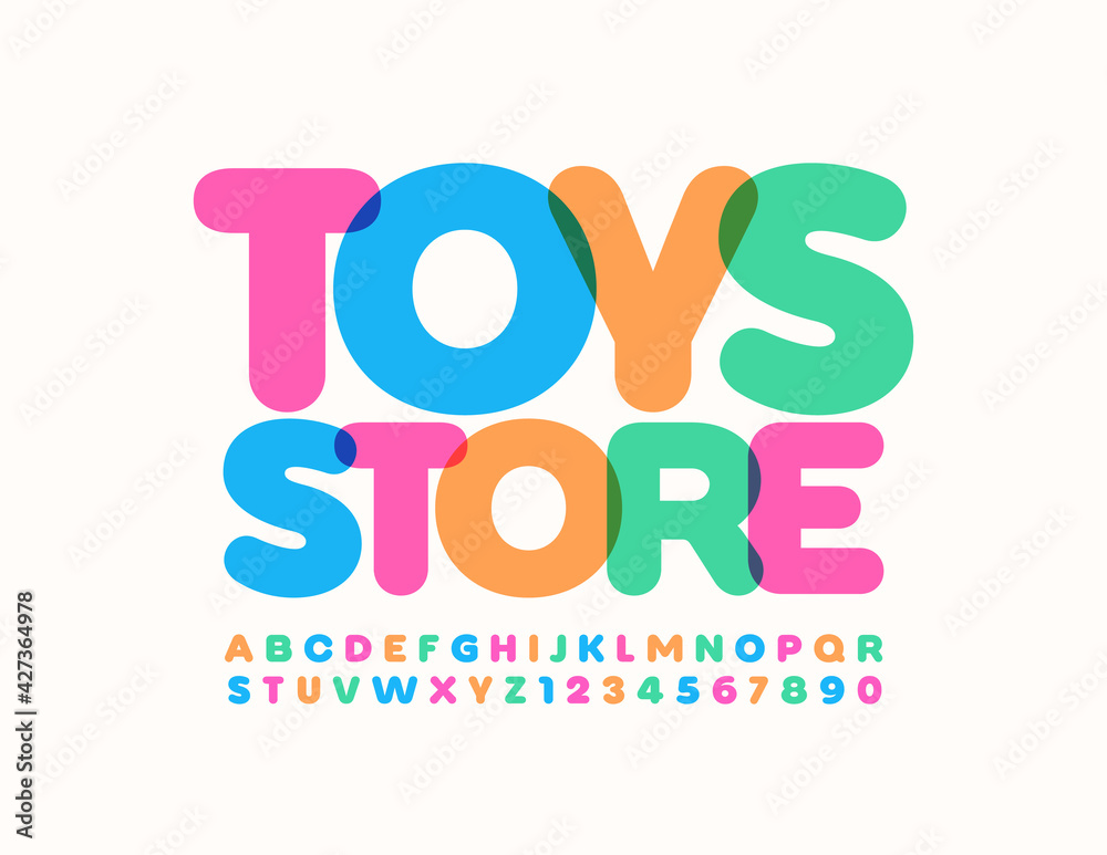 Vector colorful logo Toys Store. Bright modern Font. Artistic style Alphabet Letters ad Numbers set